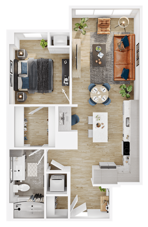 Floor plan for 1 bed, 1 bath, 665 sqft